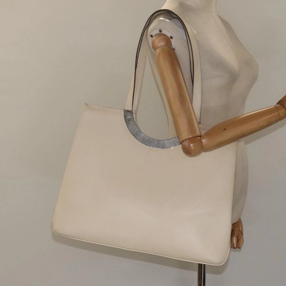 CELINE Tote Bag Leather Beige Silver Auth